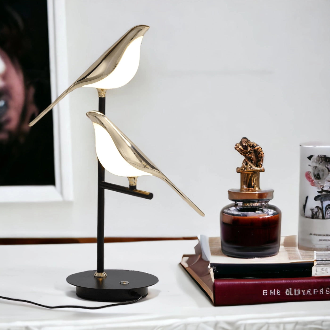 LED desk lamp with postmodern galvanized golden bird design, featuring a blend of wood and metal elements.