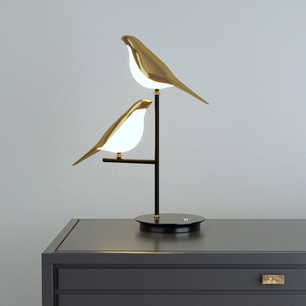 LED Desk Lamp with a postmodern design featuring a galvanized golden bird perched on a wooden base, combining elements of art and sculpture with a functional light source.