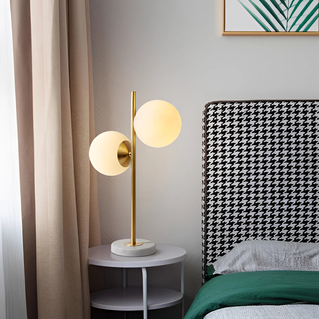 LED desk lamp with smart touch control and energy saving feature on a wooden desk in a modern interior with green and yellow elements.