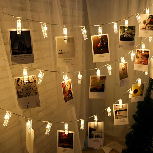 LED fairy light clip string lights in warm white and multi-color, displayed in a cozy setting with various lengths of 5 ft, 10 ft, and 20 ft, featuring 10, 20, and 40 LED bulbs respectively.