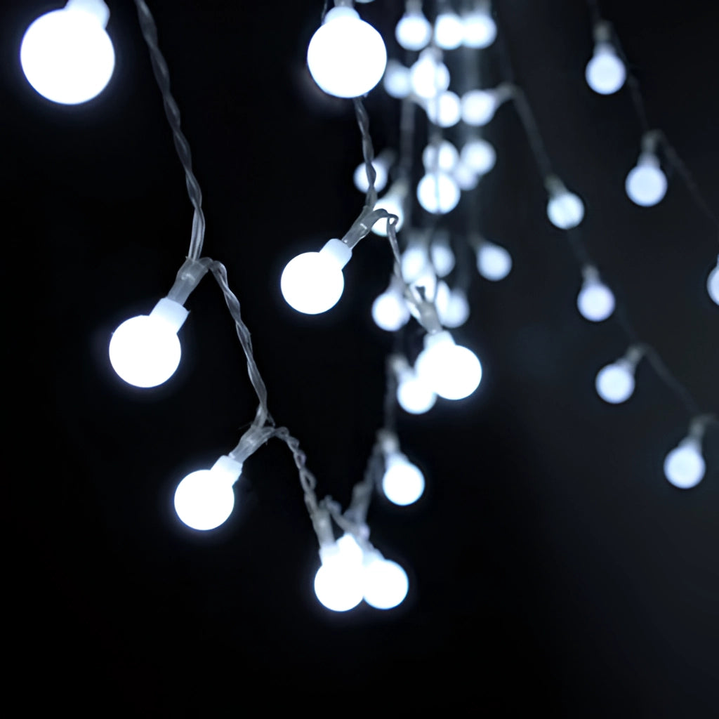 LED fairy string lights twinkling in the dark, creating a magical and romantic ambiance with a beautiful electric blue glow.
