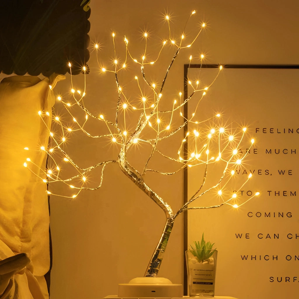LED Fairy Tree Light with 108 Mini LEDs, featuring delicate branches and twigs, elegantly arranged in a flowerpot, perfect for window displays, events, and home decoration.