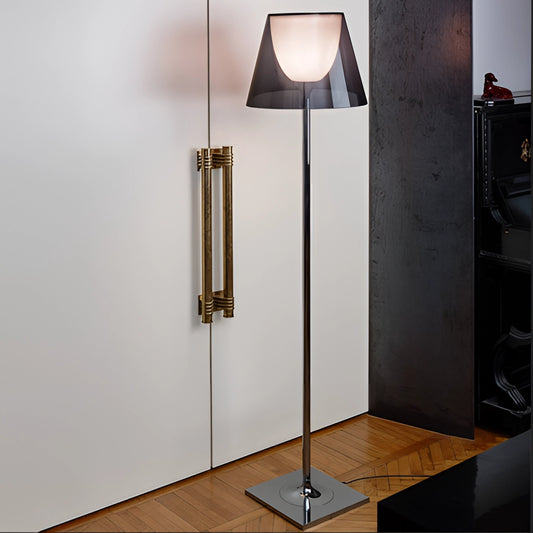 LED Floor Lamp with Amber, Clear, and Gray Downward Shade for Focused Illumination with Wooden Base and Metal Stand