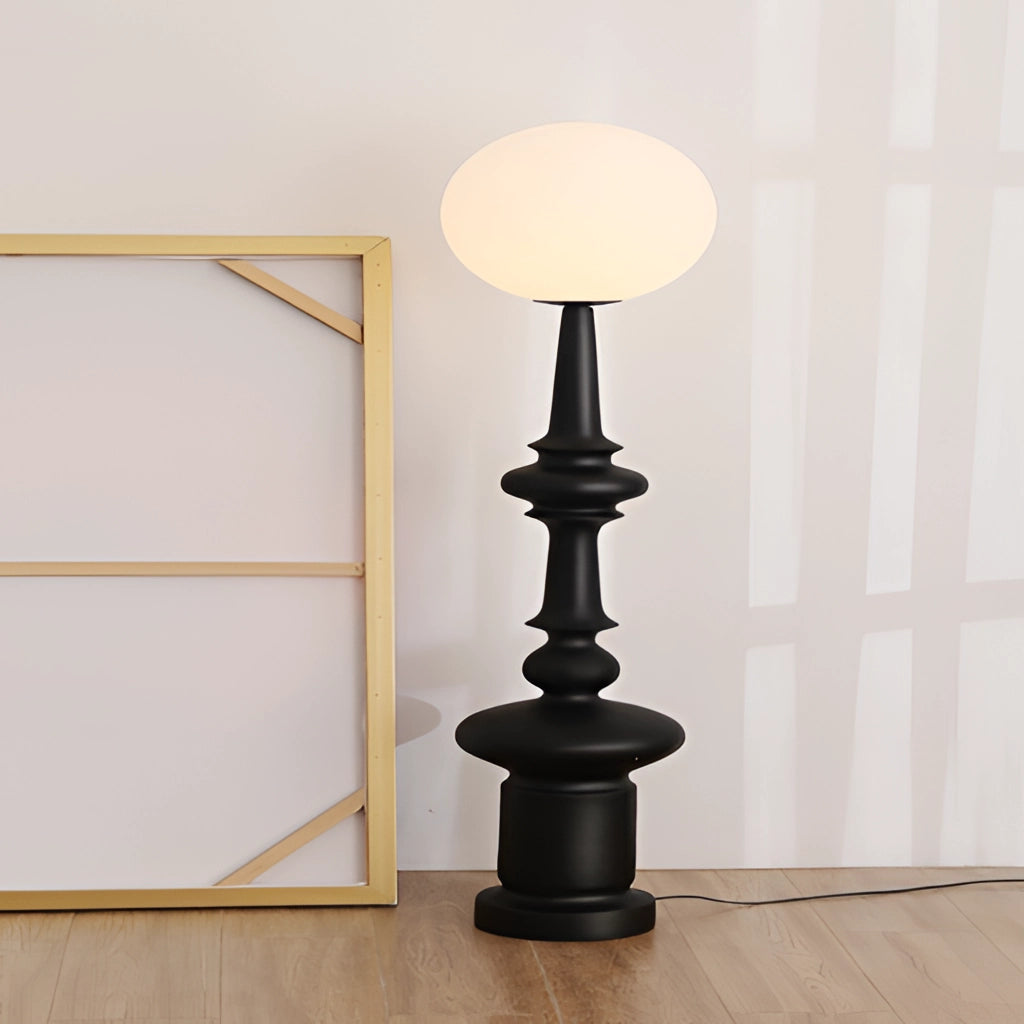 LED Floor Lamp with wooden base and metal stand on hardwood flooring, featuring two usage modes.