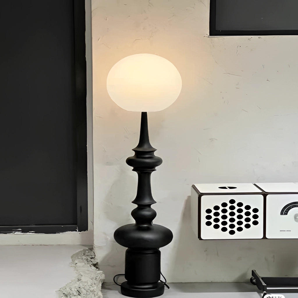 LED floor lamp with dual usage modes in a modern room setting, featuring a sleek rectangular design, wooden accents, and ambient lighting against a wall.