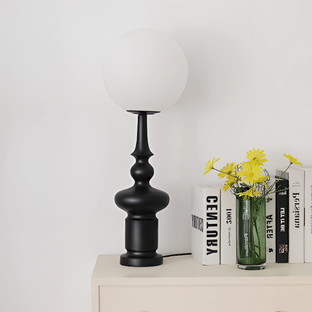 LED floor lamp next to a shelving unit with decorative plants and vases.