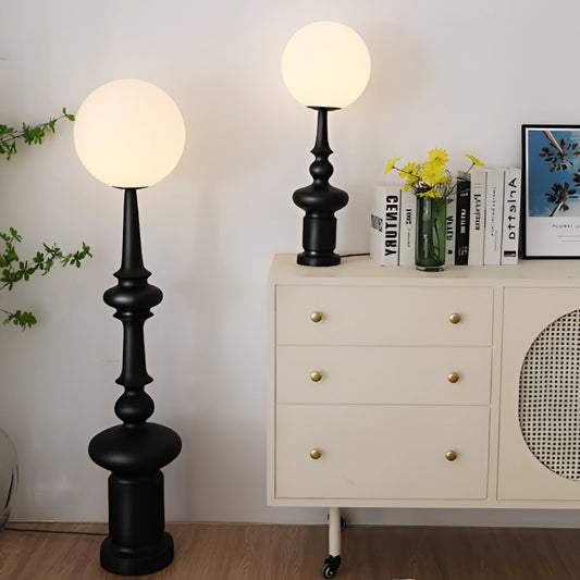LED floor lamp with two usage modes illuminated in a modern, white-themed interior with wooden cabinetry and flooring.