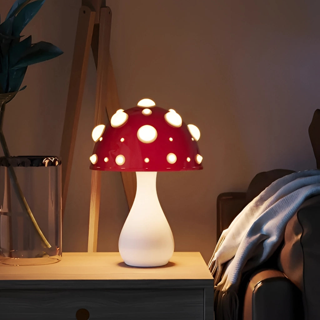 LED mushroom table lamp with warm white light on a wooden table in a stylishly designed room.