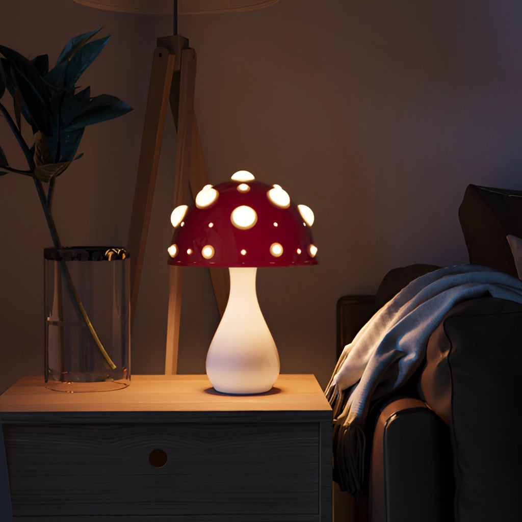 LED Mushroom Table Lamp with Warm White Light on a wooden table, surrounded by various interior design elements including a vase and a drawer.