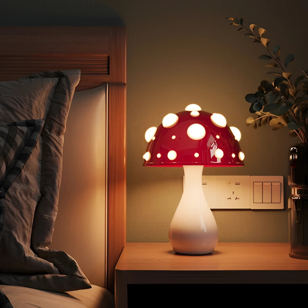 LED Mushroom Table Lamp with Warm White Light on a wooden table, enhancing interior design with cozy lighting.