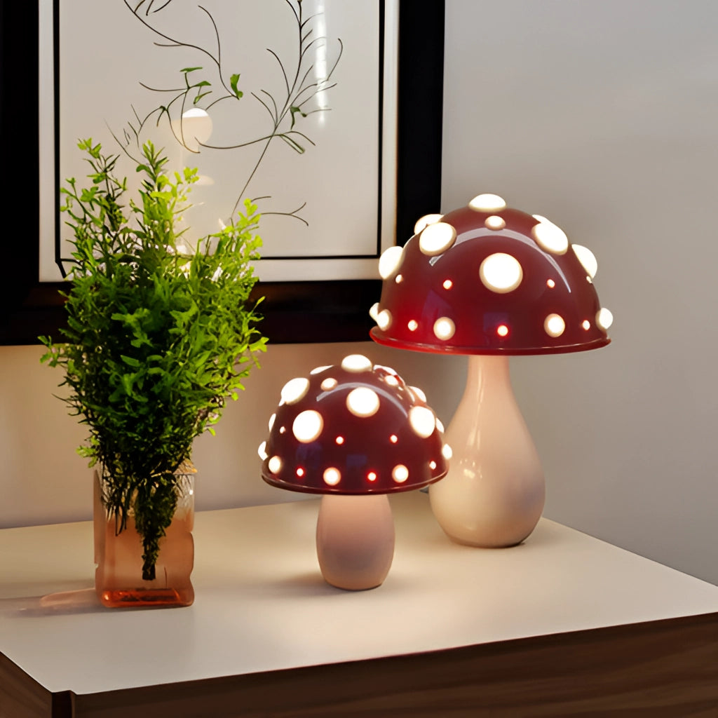 LED Mushroom Table Lamp with Warm White Light on a wooden table, surrounded by small plants and flowers in pots, enhancing the interior design with its cozy ambiance.