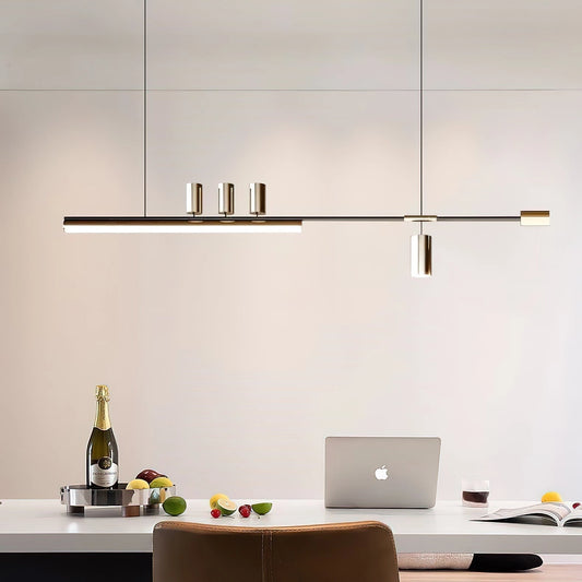 LED pendant light with Nordic-inspired sleek design hanging over a modern workspace featuring a laptop on a wooden table, a plant, and minimalist interior decor.