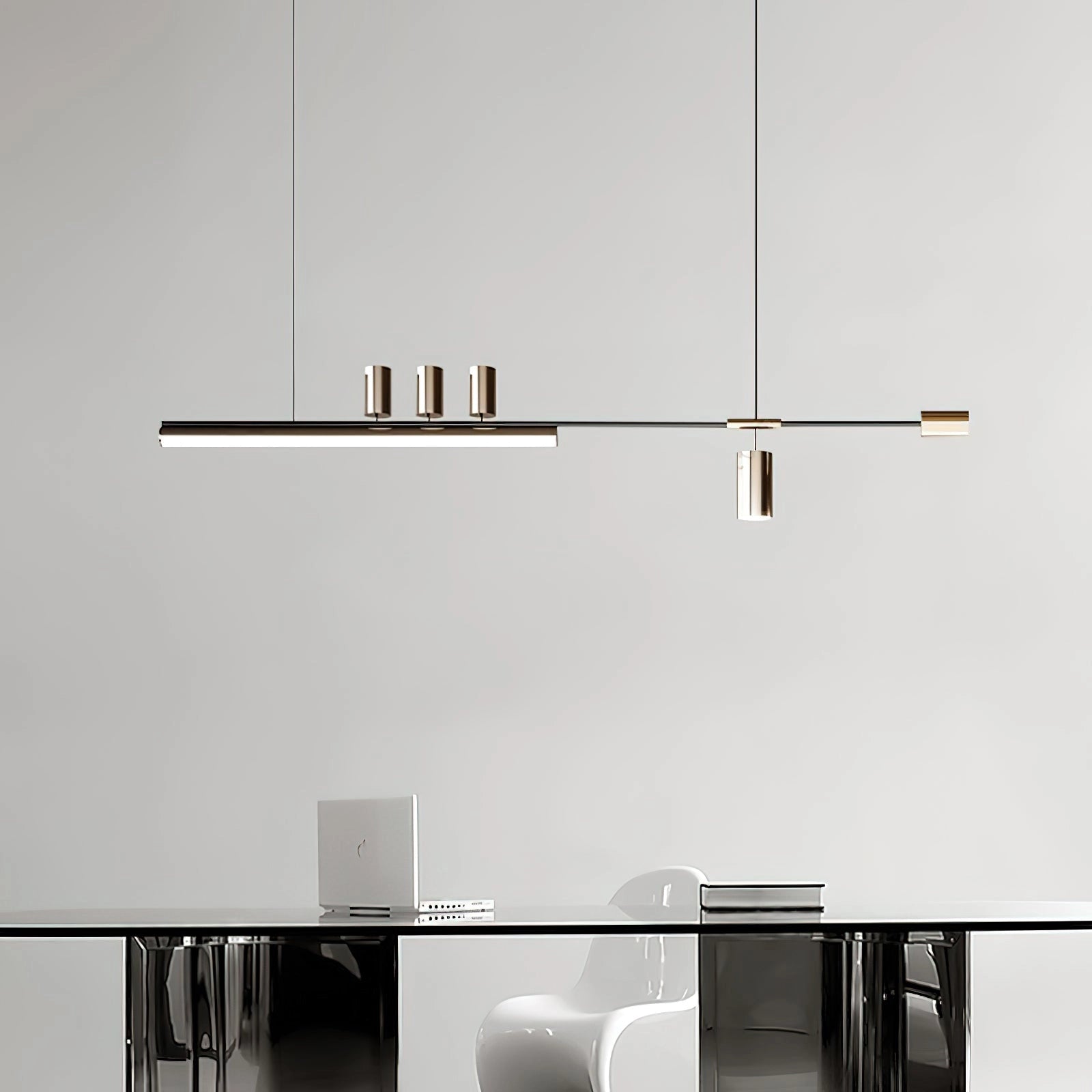 Nordic-inspired LED pendant light with sleek design, adjustable wire, and options for warm and cool light, hanging above a modern table and shelving unit in a minimalist room.