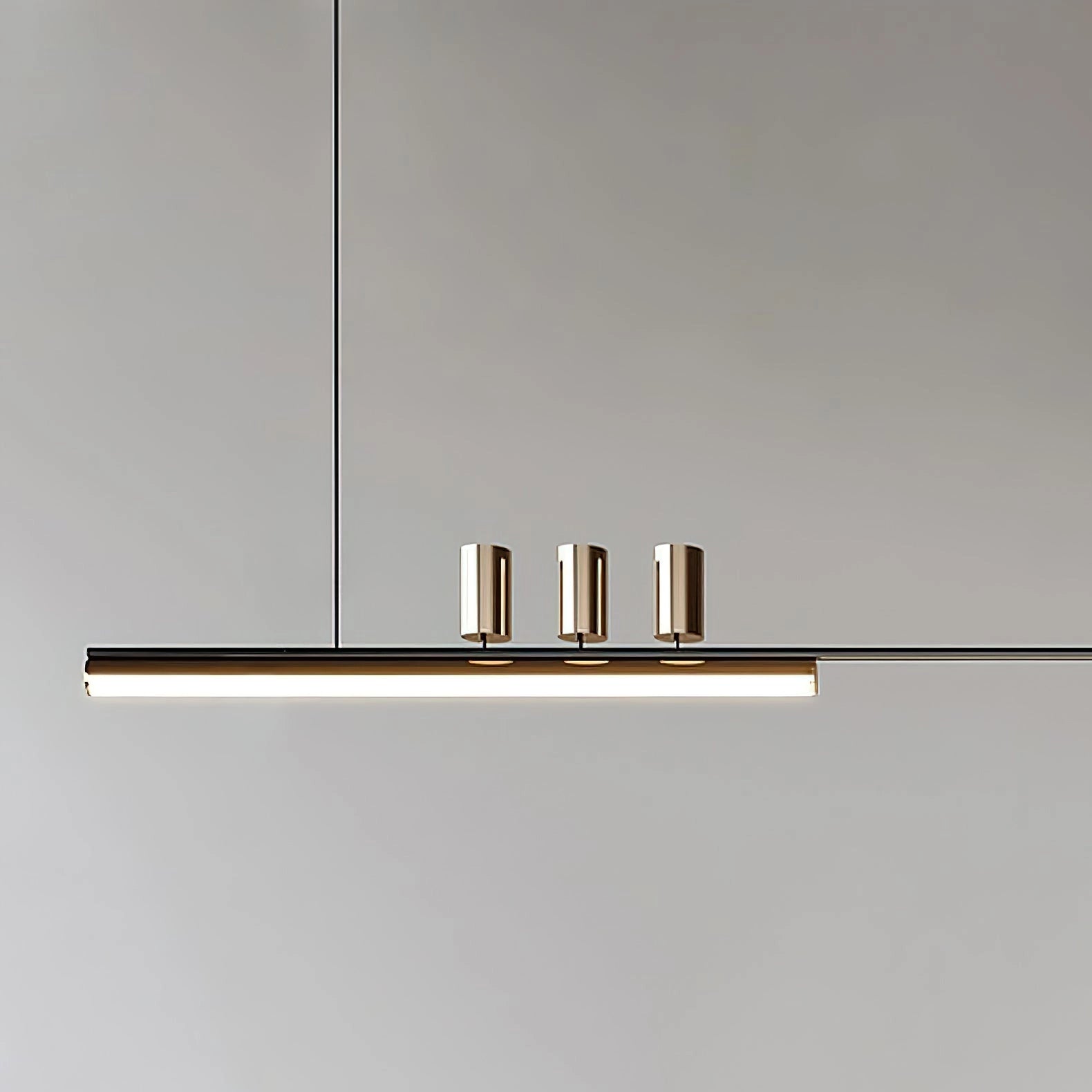 Nordic-inspired LED pendant light with a sleek rectangular design, adjustable wire, and warm and cool light options, hanging from a metal ceiling fixture.