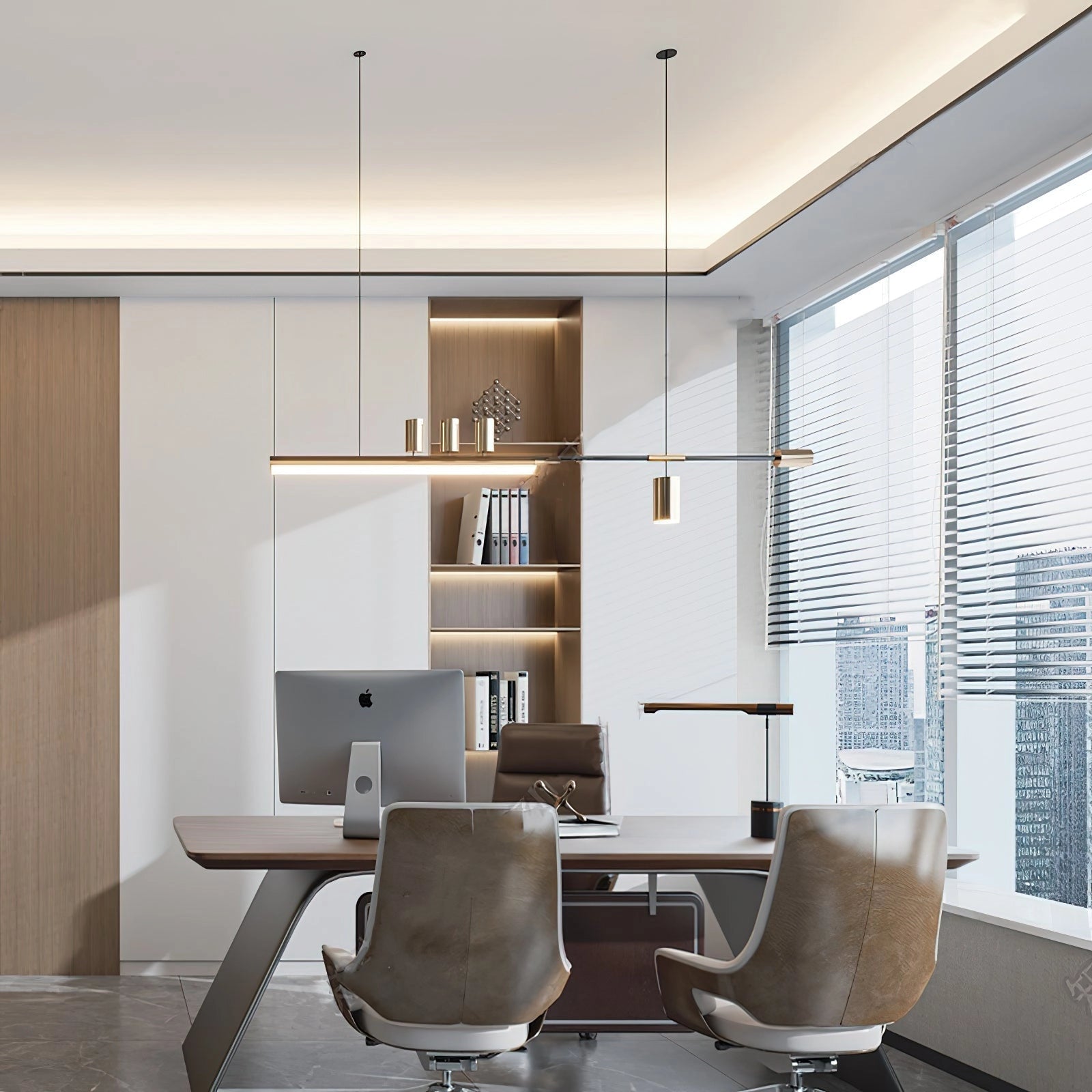 Nordic-inspired LED pendant light with adjustable wire, illuminating a modern living room with warm and cool light options, featuring wooden furniture and stylish interior design.
