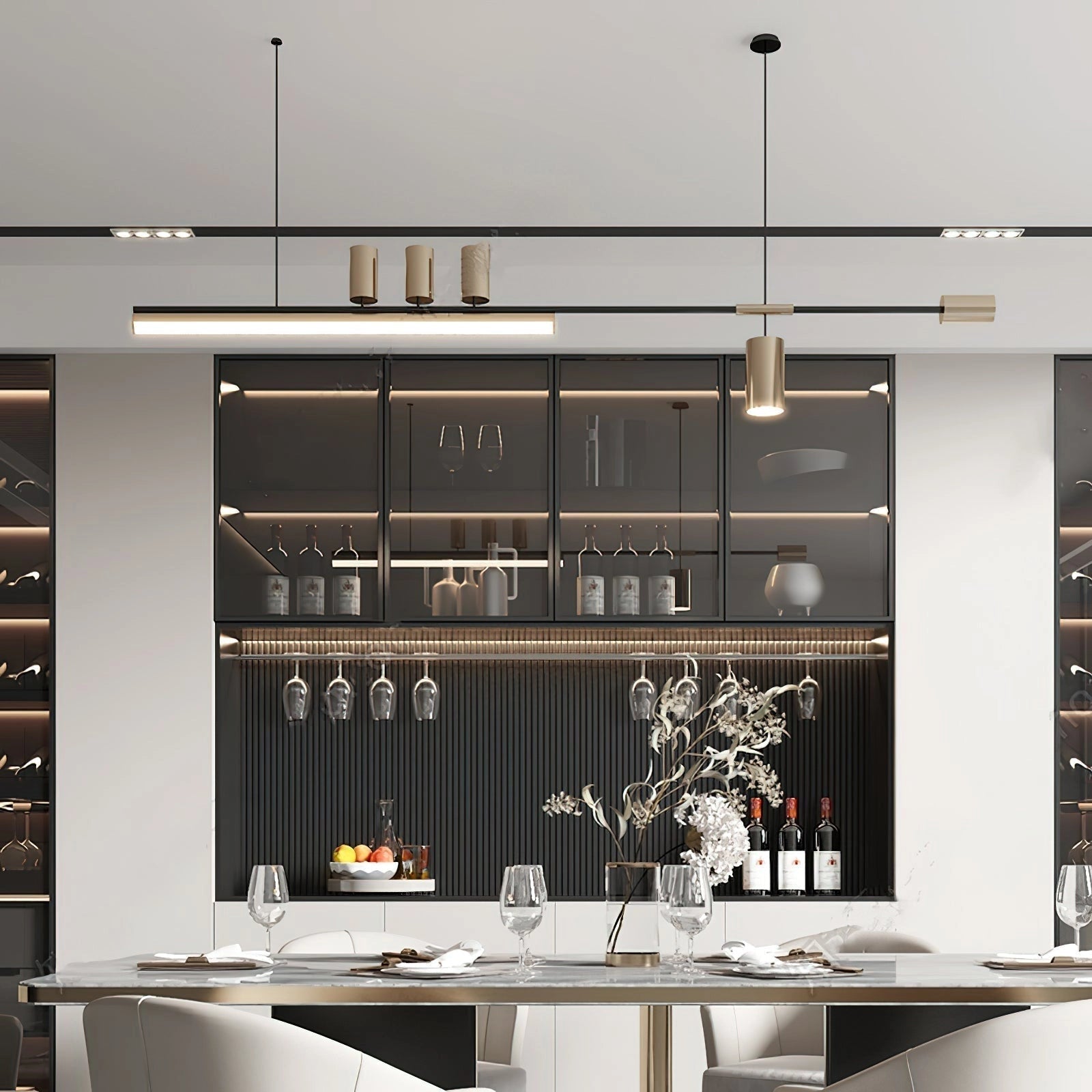 LED pendant light with a Nordic-inspired sleek design hanging in a modern kitchen, featuring cabinetry, countertops, and shelving. The light has adjustable wire and offers warm and cool light options.