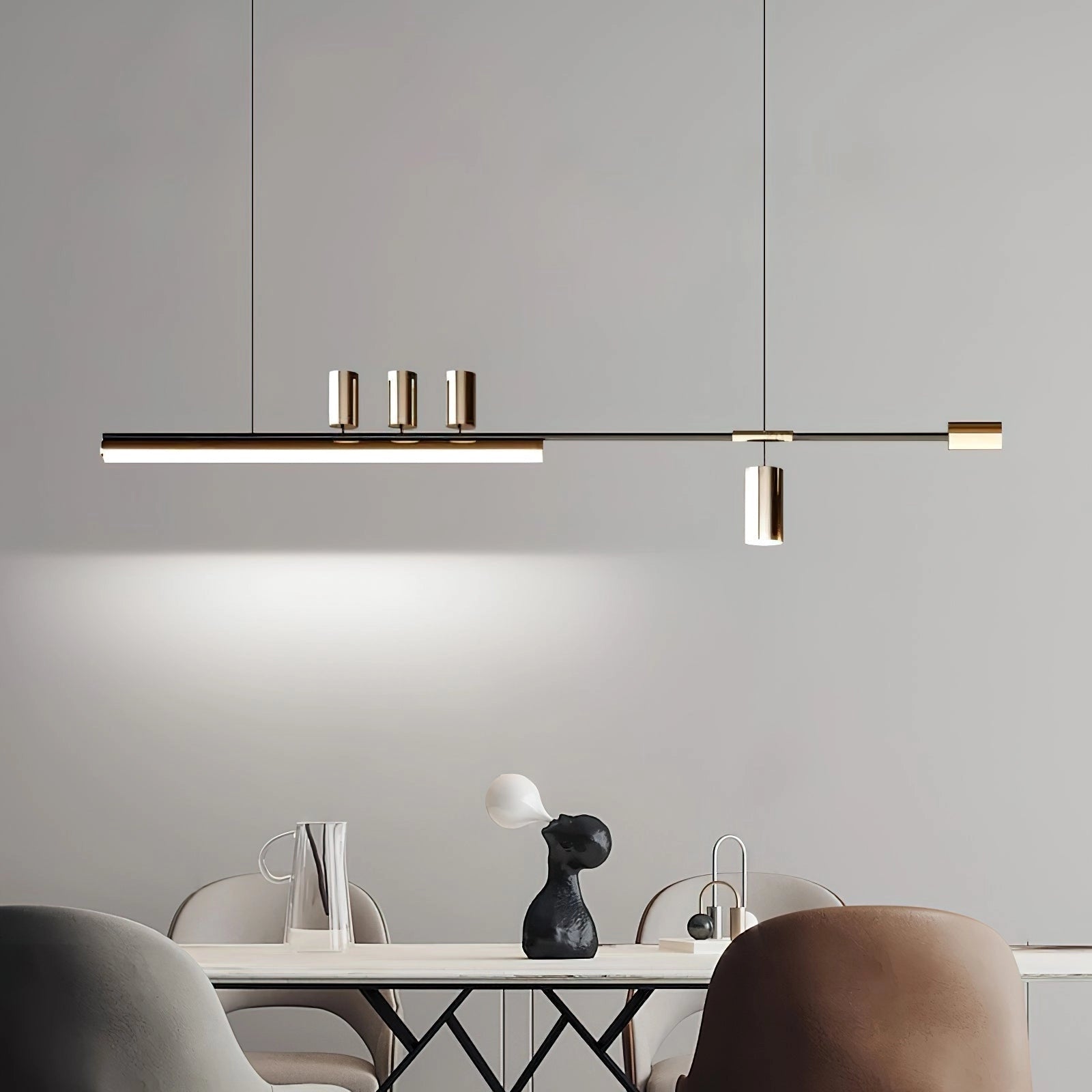 Nordic-inspired LED pendant light with adjustable wire, warm and cool light options, hanging above a wooden table in a modern grey interior with shelving and decor.