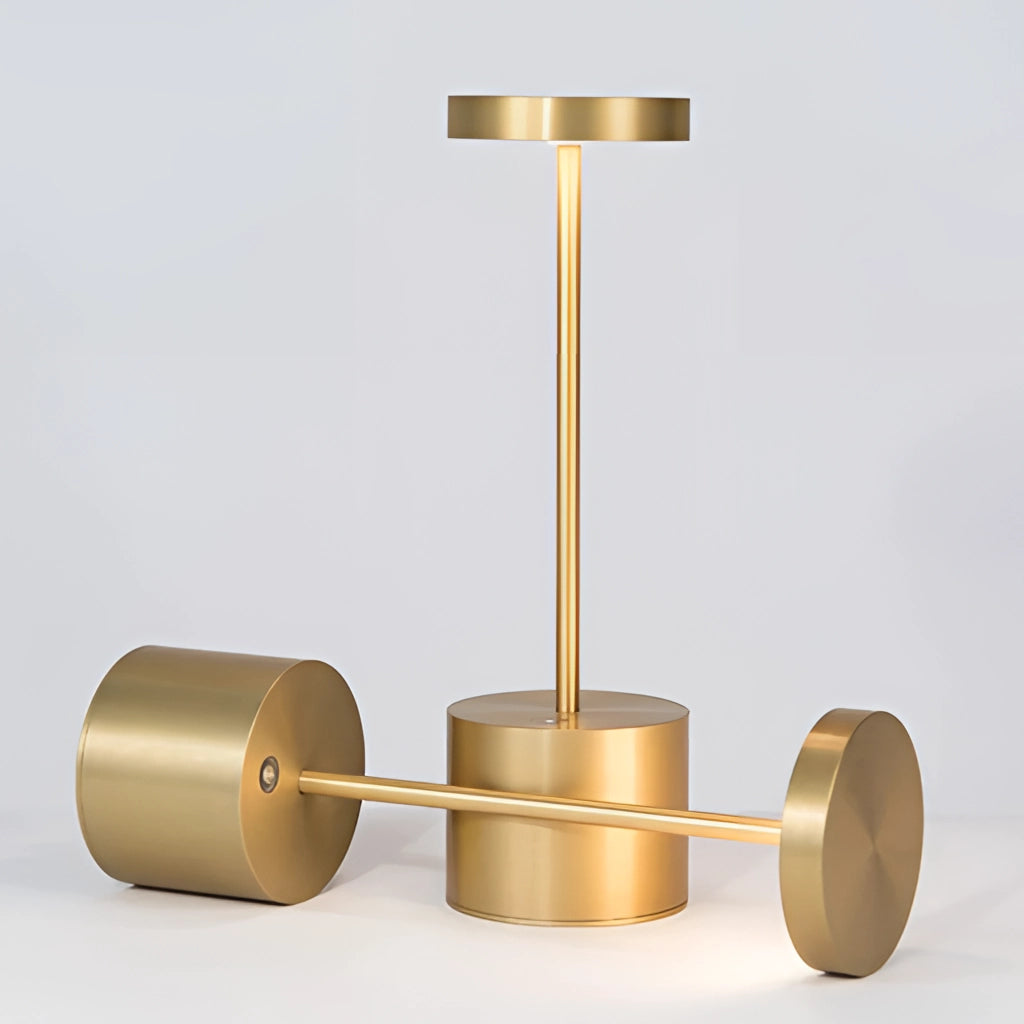 LED Portable Table Lamp with Resilient Design featuring a circular wooden base, metal cylindrical body, and an aluminum light fixture.