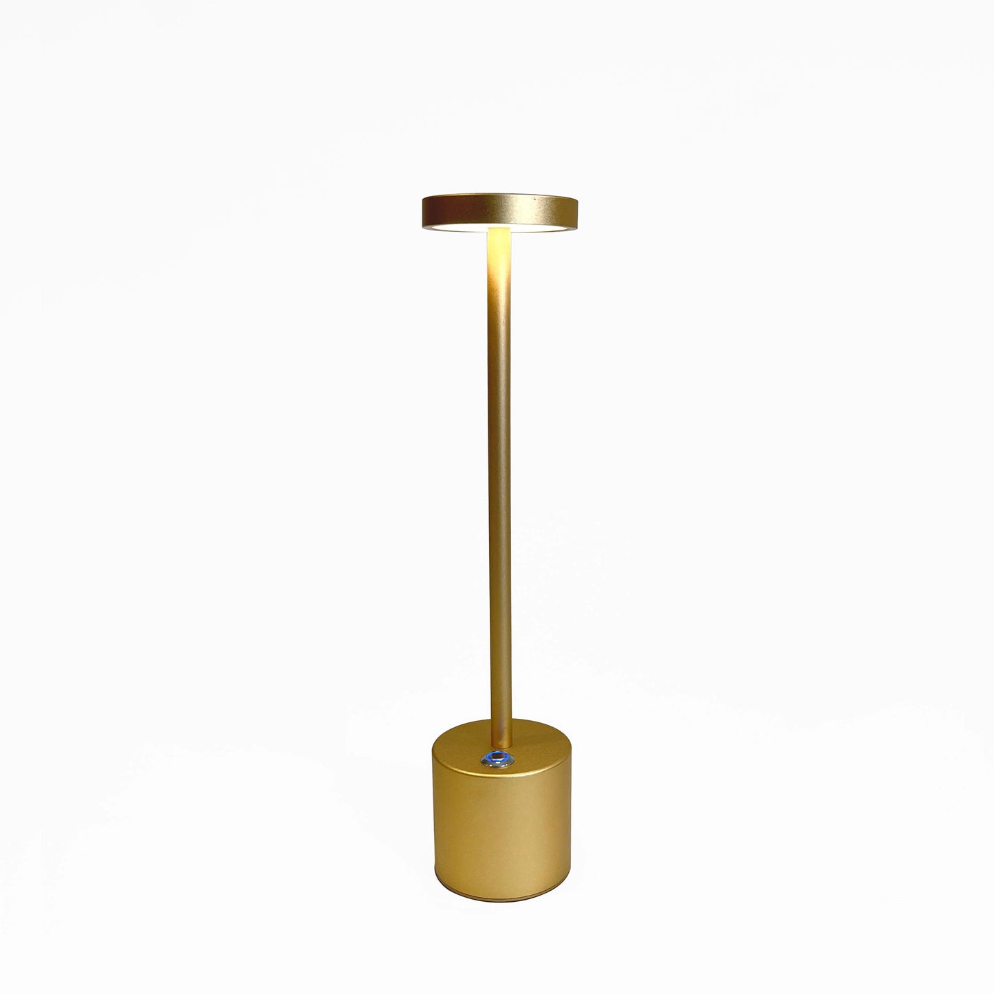 LED Portable Table Lamp with Resilient Design featuring a cylindrical shape, metallic and wooden elements, shown as a still life photography.