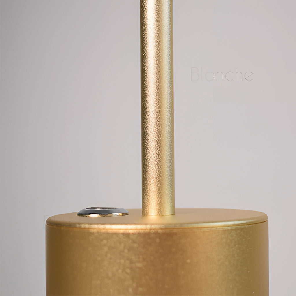 LED Portable Table Lamp with Resilient Design featuring a cylindrical wooden base and a sleek aluminium body.
