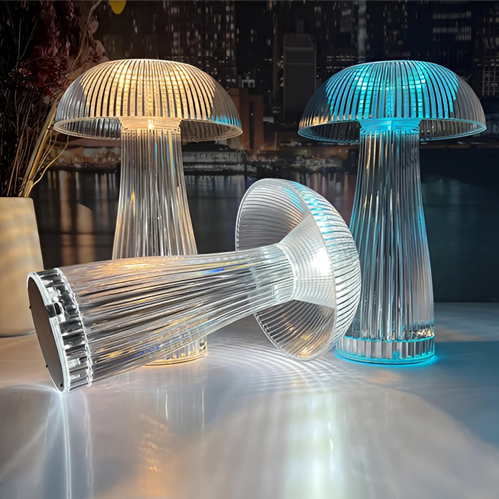 LED table lamp with steepless dimming and large battery, featuring a modern design and sleek glass elements, illuminated in a dark space.