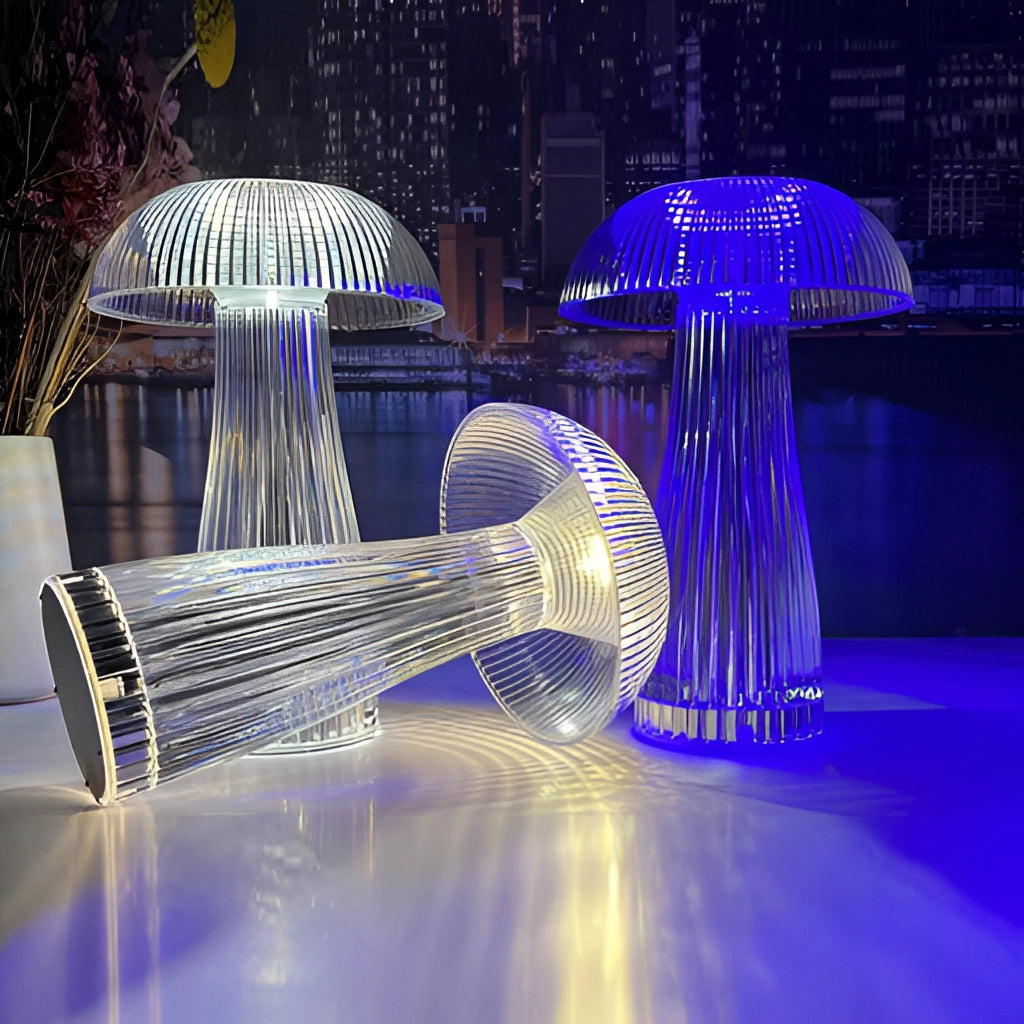 LED table lamp with steepless dimming and large battery, featuring a sleek modern design with a purple and blue color scheme.
