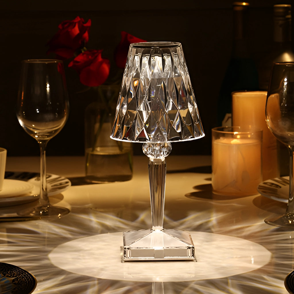 LED Touch Table Lamp with USB Charging on a table setup with various drinkware and stemware, enhancing the room's interior design with its unique lighting and mood-enhancing features.