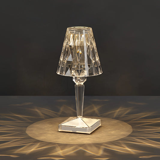 LED Touch Table Lamp with USB Charging featuring a unique, modern design with a transparent glass lampshade, metal and wood elements, blending art and functionality.