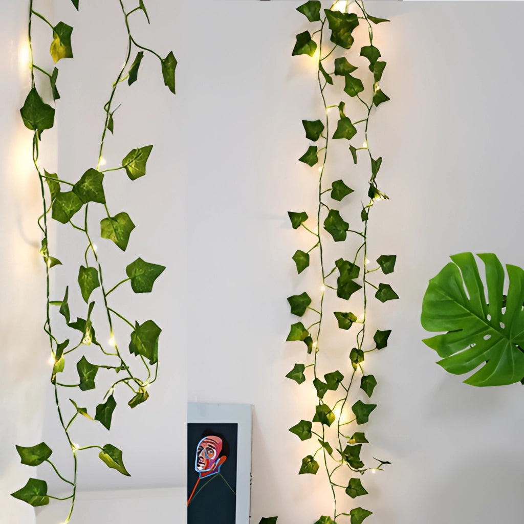 LED vine garden string lights with ivy vines, 32ft, 100 LEDs, draped with realistic green leaves.