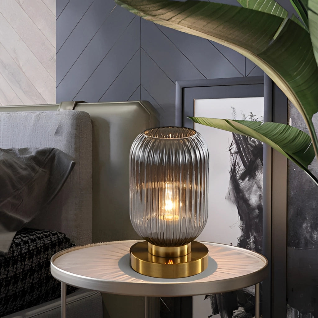 Luminescent Crystal Table Lamp on a wooden table in a modern interior setting, illuminating the space with its soft light.