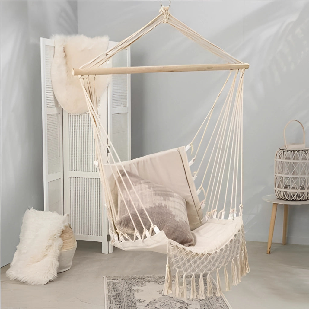 White Macramé Hammock Swing for Garden with Wooden Base and Intricate Art Design Hanging Outdoors
