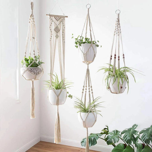 Set of 4 handcrafted Bohemian style macrame plant hangers with houseplants in flowerpots.
