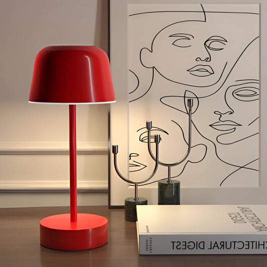 Metal Table Lamp with Adjustable Brightness - Pulse Flare, featuring a sleek white design with artistic magenta accents, showcased on a floor.