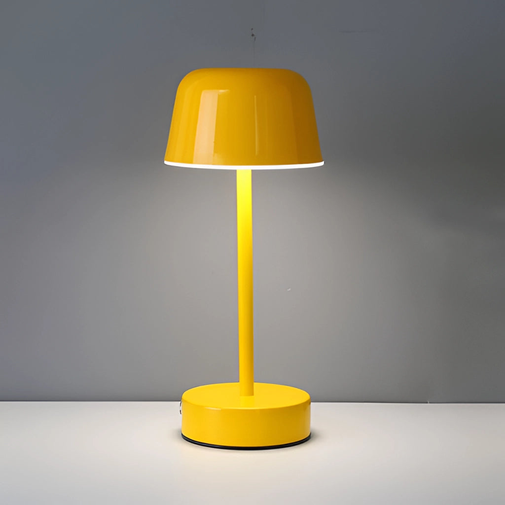 Yellow Metal Table Lamp with Adjustable Brightness featuring a rectangular wooden base and a circular lampshade.
