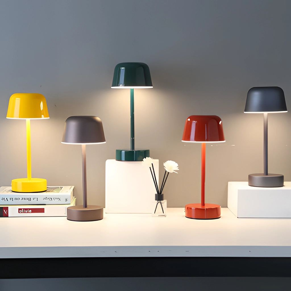 Metal Table Lamp with Adjustable Brightness on a Wooden Shelf in a Modern Interior Design Setting