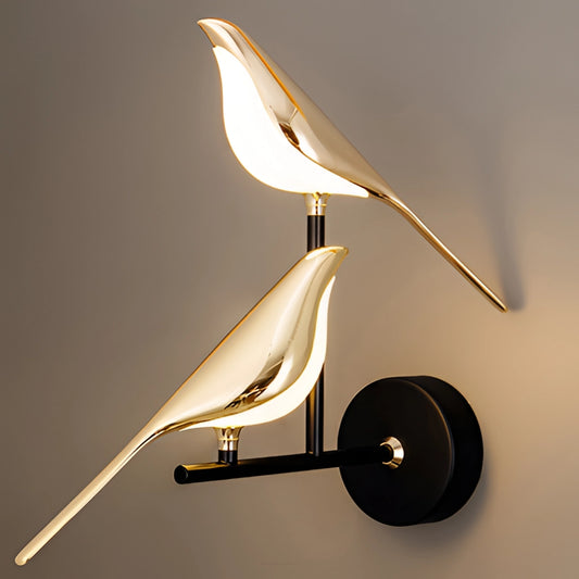 Modern rotatable wall sconce with a 360-degree gold lampshade, featuring a sleek metal and wood design, mounted on a wall.