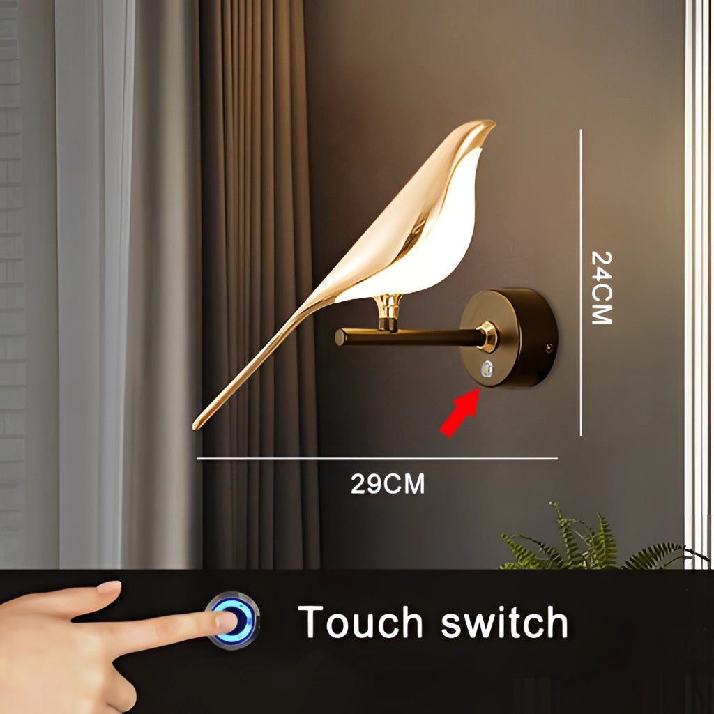 Modern rotatable wall sconce with a 360-degree lampshade in gold, featuring a single head with a touch switch and warm light, mounted on a wooden surface with a potted plant nearby.
