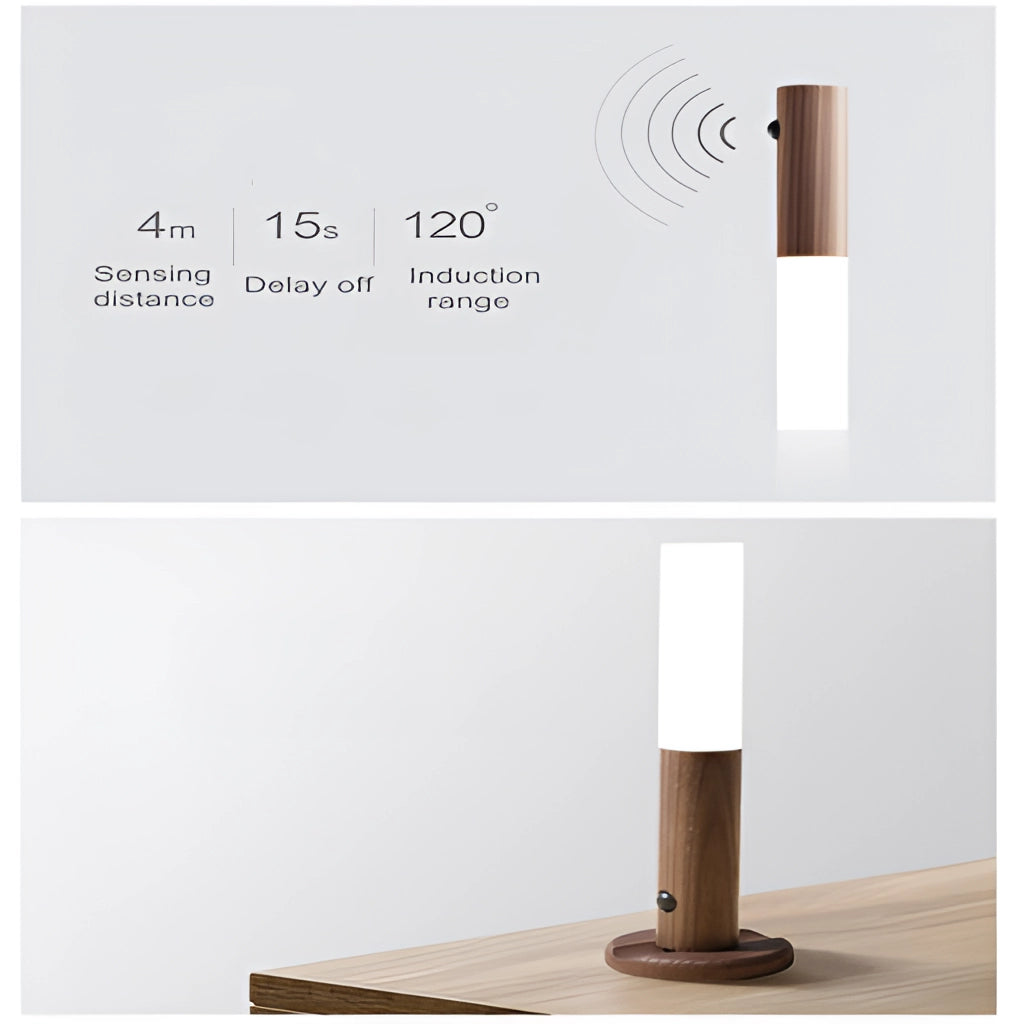 Motion Sensor LED Rechargeable Night Light with Wooden Design, rectangular shape, featuring a sleek wooden exterior and modern electronic design.