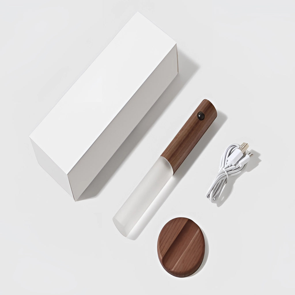 Modern Motion Sensor LED Rechargeable Night Light with a sleek wooden design, rectangular shape, and metallic accents