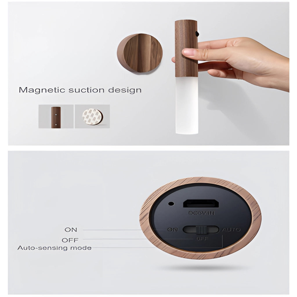 Motion Sensor LED Rechargeable Night Light with Wooden Design featuring a circular motion sensor and sleek wooden finish.