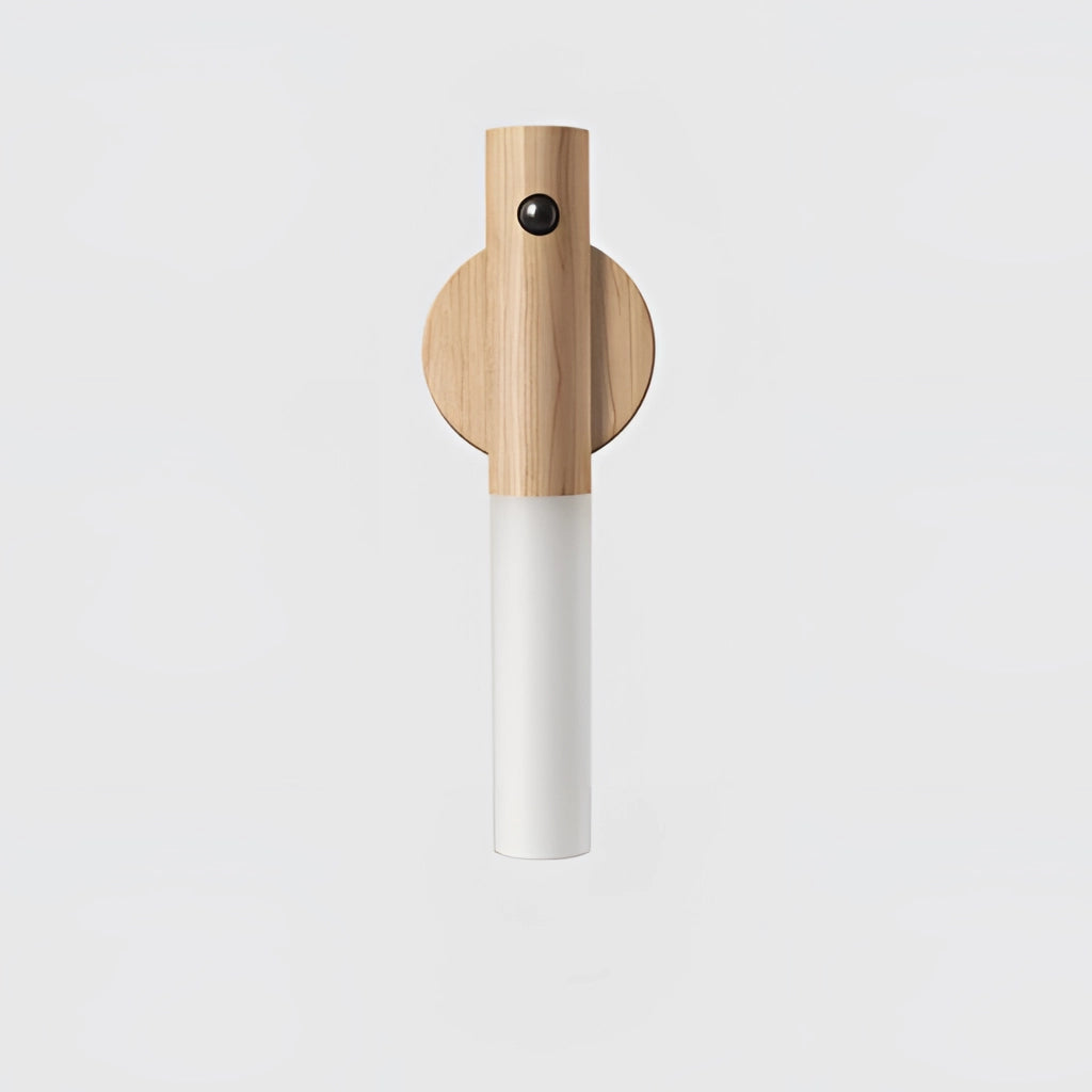 Motion Sensor LED Rechargeable Night Light with White Wood Design, featuring a circular shape, wooden and metallic elements, and a sleek, modern aesthetic.