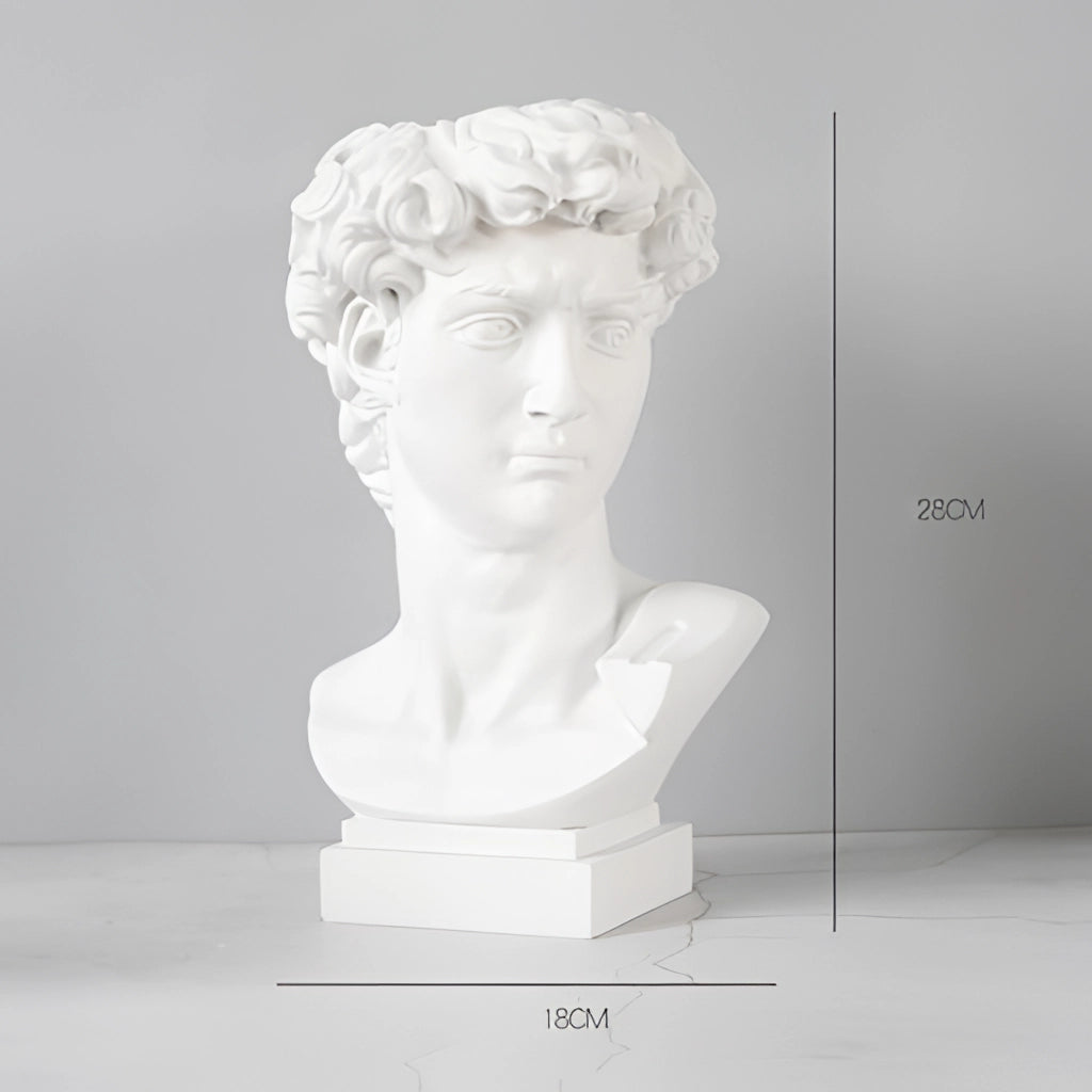 Medium neoclassical Greek head resin vase in the likeness of David, displaying detailed facial features and artistic craftsmanship.