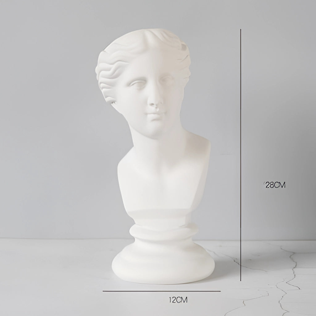 Medium Dame Neoclassical Greek Head Resin Vase featuring a detailed sculpture of a woman's face and hairstyle.