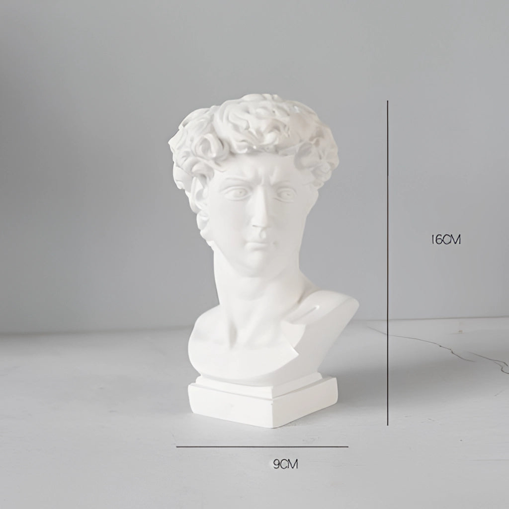 Small Neoclassical Greek Head Resin Vase featuring a detailed sculpture of David's head, showcasing intricate carving and classical artistry.