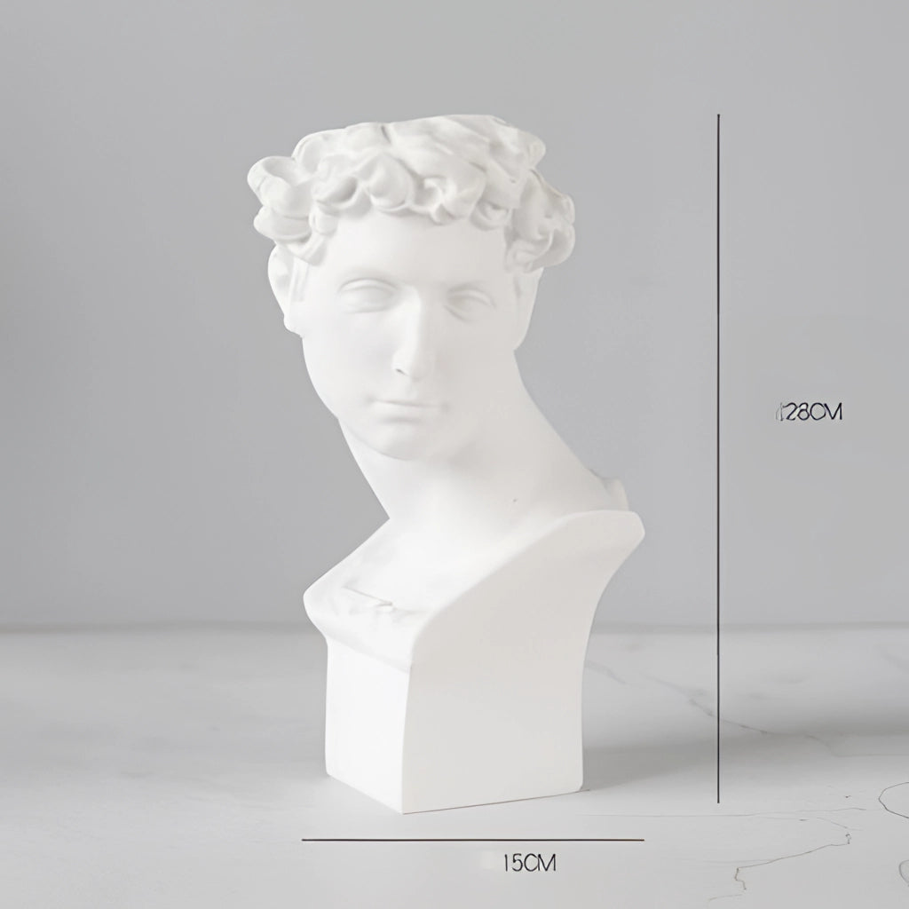 Neoclassical medium Greek head resin vase with intricate sculpture detail, showcasing artful craftsmanship in plaster-like finish.