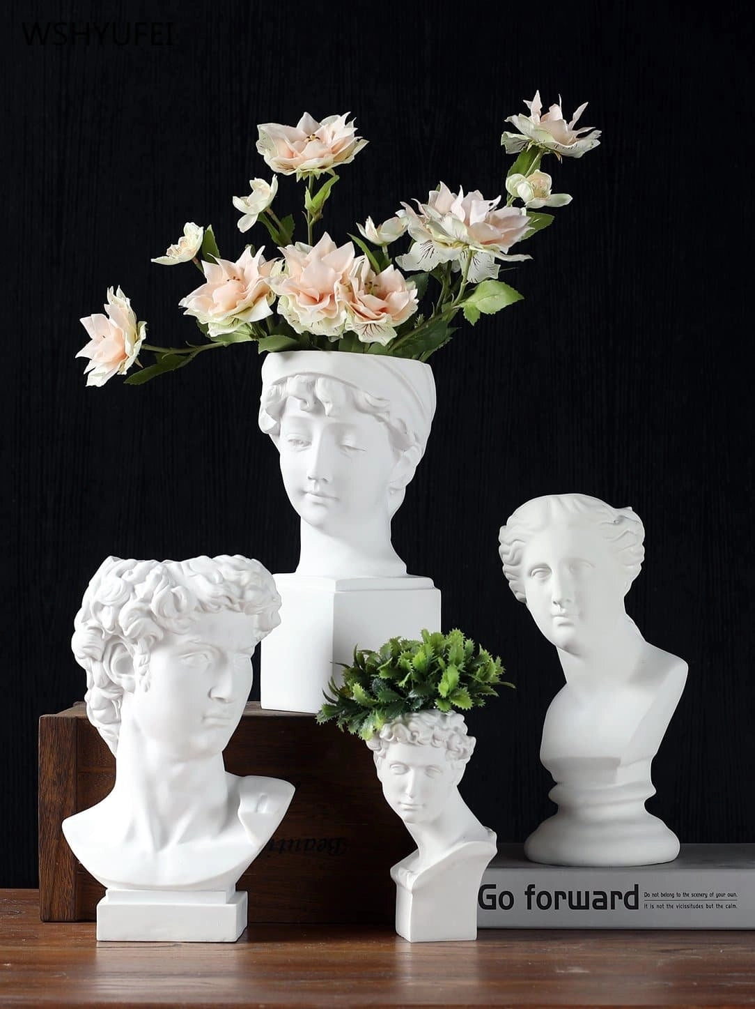 Neoclassical Greek head resin vase with artificial flowers and plants, white sculpture, decorative planter.