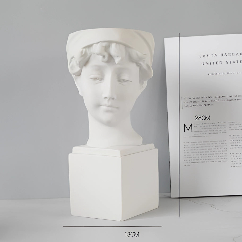 Neoclassical Greek head resin vase and planter in medium size, featuring a peasant design with detailed sculpture and artistic craftsmanship.