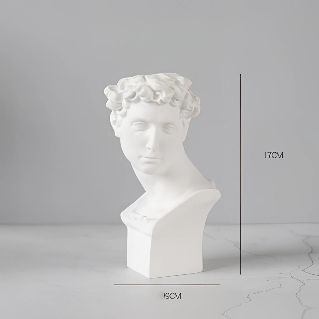 Small Neoclassical Greek head resin vase with detailed sculpture and artistic carving.
