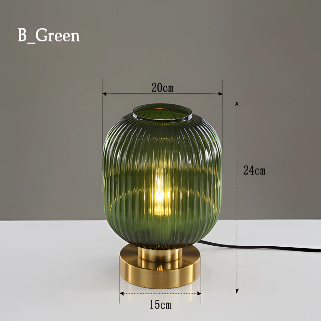 Nordic Amber Table Lamp with Stained Glass Shade in Green, featuring a rectangular stained glass design with intricate art patterns and symmetrical details.