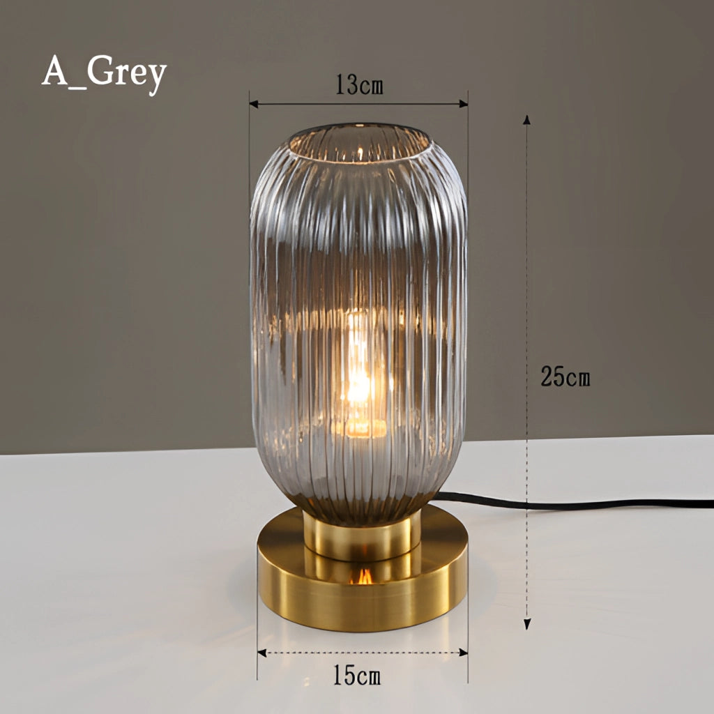 Nordic Amber Table Lamp with Stained Glass Shade in Gray, featuring a transparent glass shade and a sleek metal base.